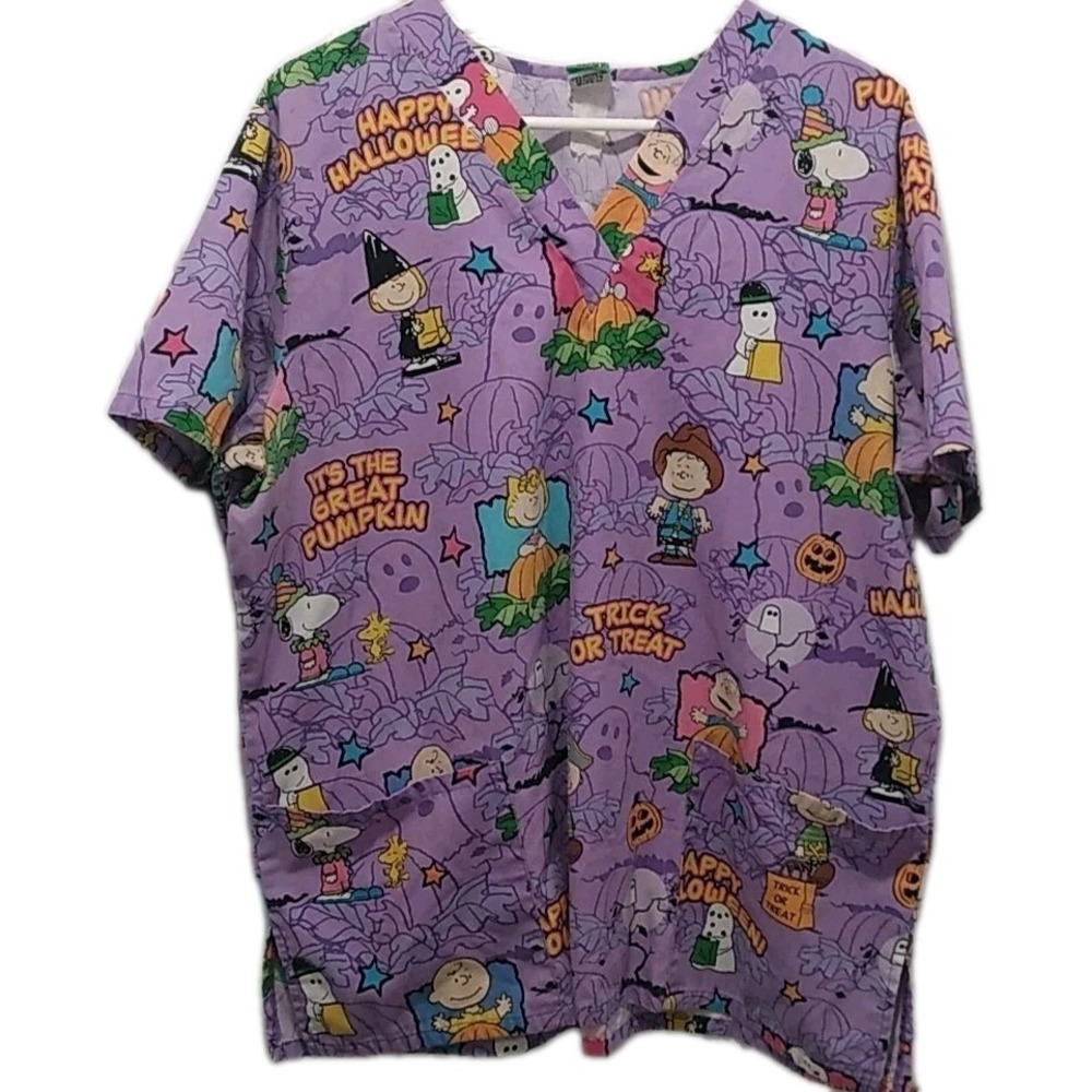 Peanuts, It's The Great Pumpkin Charlie Brown Halloween Purple Scrub Top